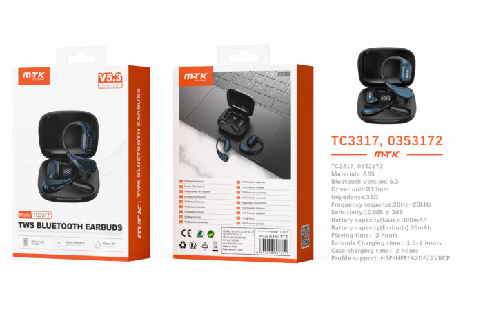 TC3317 NE+AZ Auriculares TWS Bluetooth 5.3 con indicador de bateria,  Bateria (30mAh*2) con estuche cargable(300mAh), Negro+azul